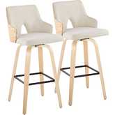 Stella 30" Swivel Bar Stool in Natural Wood, Cream Fabric & Black Footrest (Set of 2)